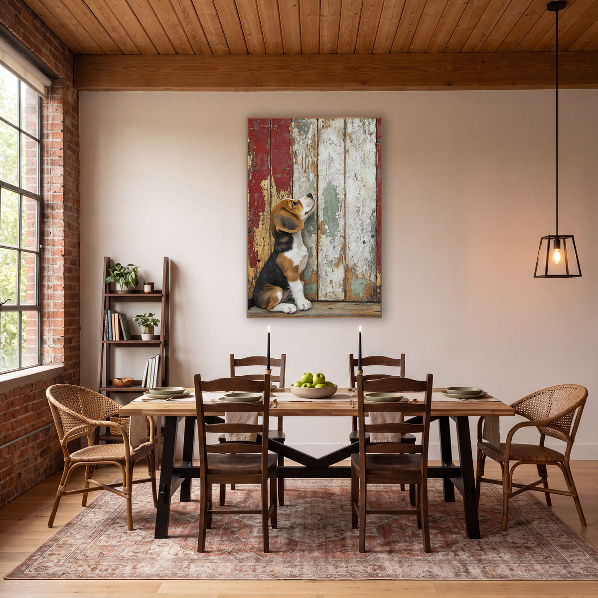Beagle Puppy Rustic Barn Door Farmhouse wall art in a farmhouse-style room – beagle puppy looking up