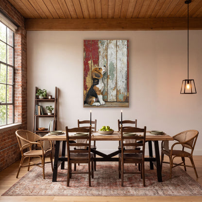Beagle Puppy Rustic Barn Door Farmhouse wall art in a farmhouse-style room – beagle puppy looking up