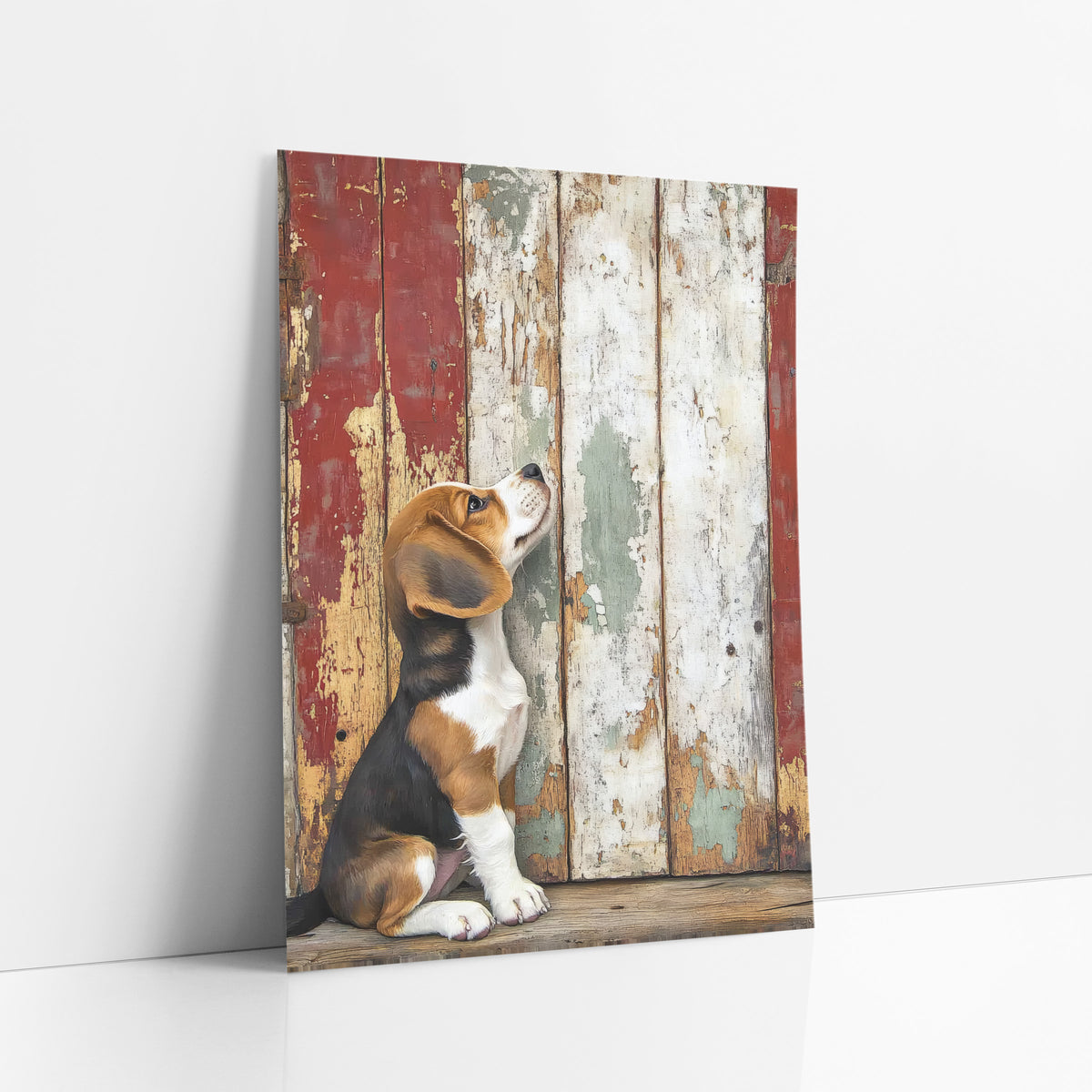 Beagle Puppy Rustic Barn Door Farmhouse art print leaning against a white wall – beagle puppy looking up beside a weathered