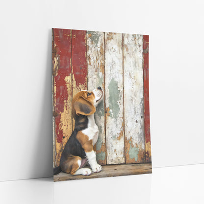 Beagle Puppy Rustic Barn Door Farmhouse art print leaning against a white wall – beagle puppy looking up beside a weathered