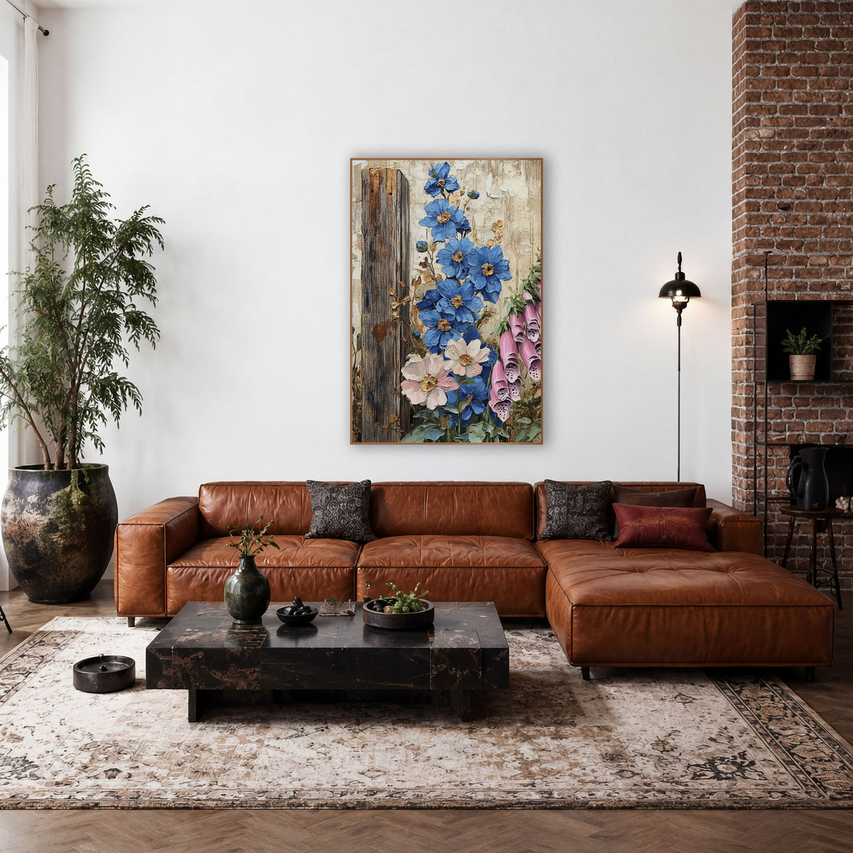 Blue Delphinium Foxglove Cottage Farmhouse wall art in a farmhouse-style room – blue flowers and pink foxglove bells