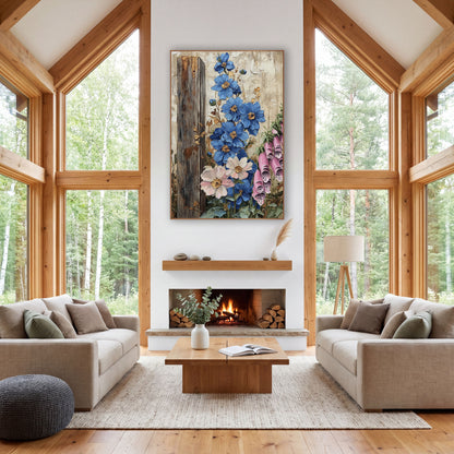 Blue Delphinium Foxglove Cottage Farmhouse wall art in a farmhouse-style room – blue flowers and pink foxglove bells