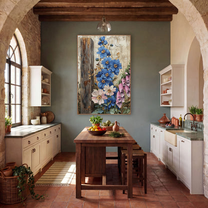 Blue Delphinium Foxglove Cottage Farmhouse wall art in a farmhouse-style room – blue flowers and pink foxglove bells