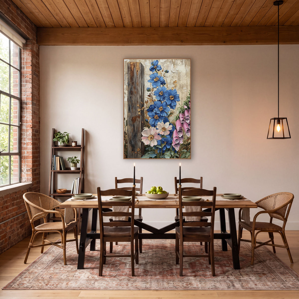 Blue Delphinium Foxglove Cottage Farmhouse wall art in a farmhouse-style room – blue flowers and pink foxglove bells