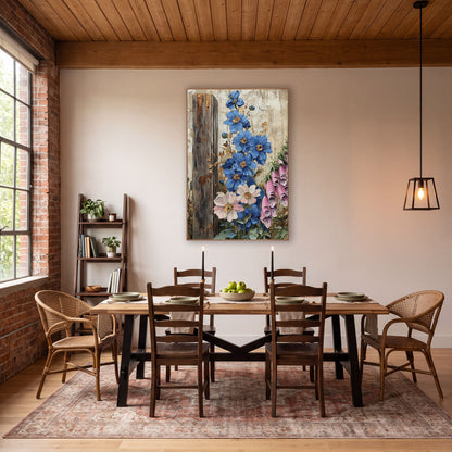 Blue Delphinium Foxglove Cottage Farmhouse wall art in a farmhouse-style room – blue flowers and pink foxglove bells