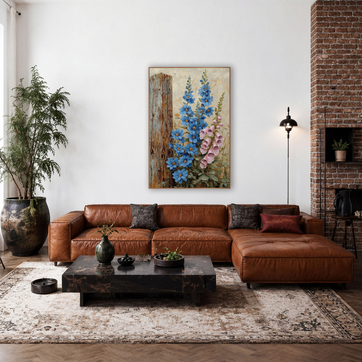 Blue Delphinium Foxglove Cottage Garden wall art in a farmhouse-style room – blue delphinium and pink foxglove flowers