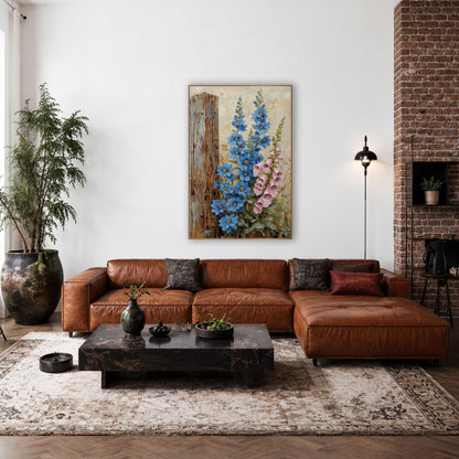 Blue Delphinium Foxglove Cottage Garden wall art in a farmhouse-style room – blue delphinium and pink foxglove flowers