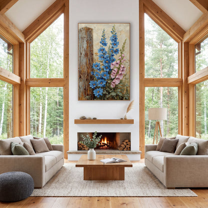 Blue Delphinium Foxglove Cottage Garden wall art in a farmhouse-style room – blue delphinium and pink foxglove flowers