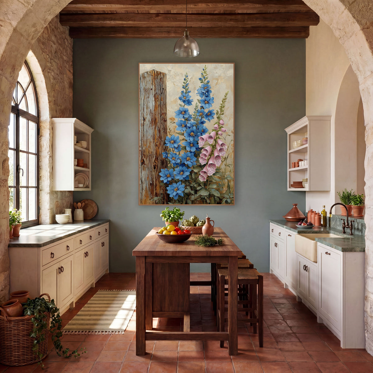 Blue Delphinium Foxglove Cottage Garden wall art in a farmhouse-style room – blue delphinium and pink foxglove flowers