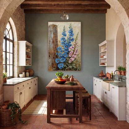 Blue Delphinium Foxglove Cottage Garden wall art in a farmhouse-style room – blue delphinium and pink foxglove flowers