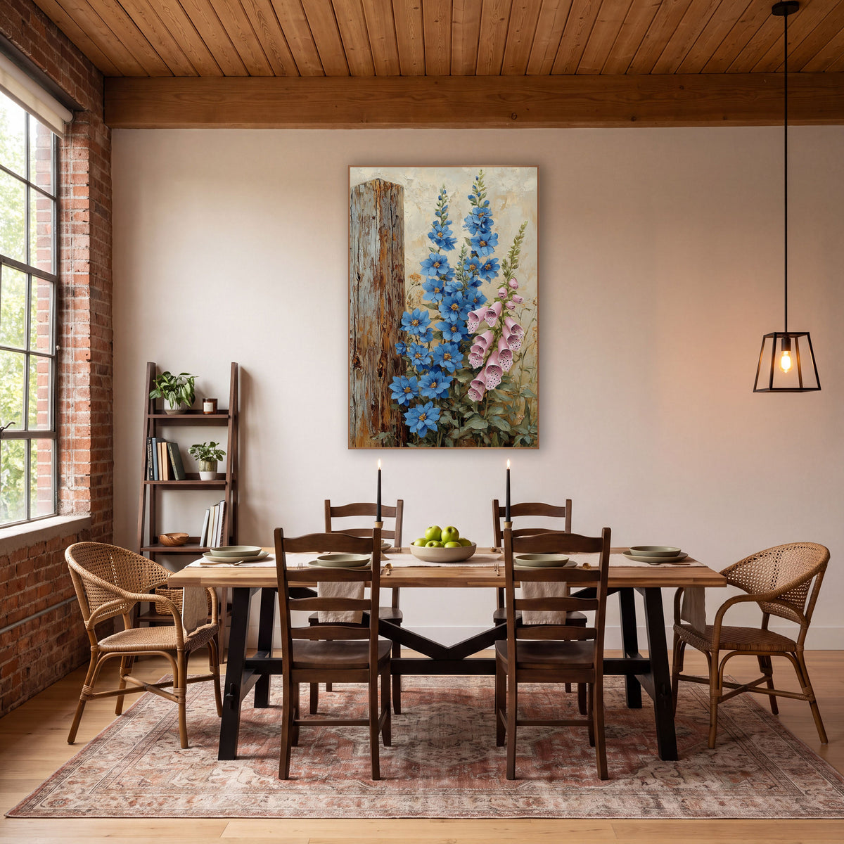 Blue Delphinium Foxglove Cottage Garden wall art in a farmhouse-style room – blue delphinium and pink foxglove flowers