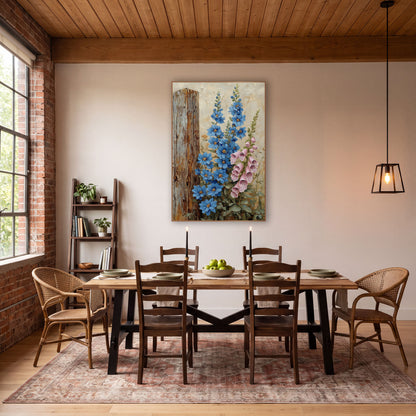 Blue Delphinium Foxglove Cottage Garden wall art in a farmhouse-style room – blue delphinium and pink foxglove flowers