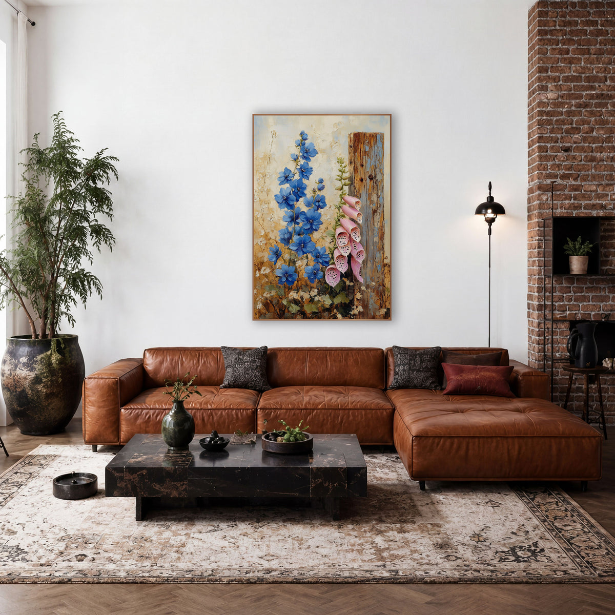 Delphinium Foxglove Fencepost Farmhouse wall art in a farmhouse-style room – blue delphiniums and pink foxgloves