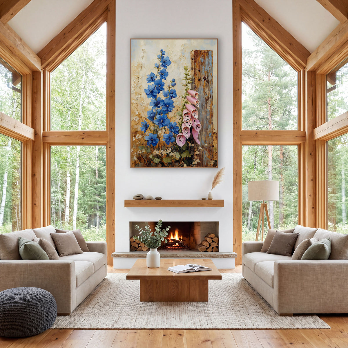 Delphinium Foxglove Fencepost Farmhouse wall art in a farmhouse-style room – blue delphiniums and pink foxgloves