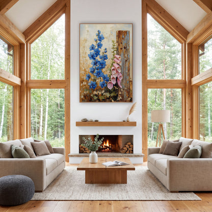 Delphinium Foxglove Fencepost Farmhouse wall art in a farmhouse-style room – blue delphiniums and pink foxgloves