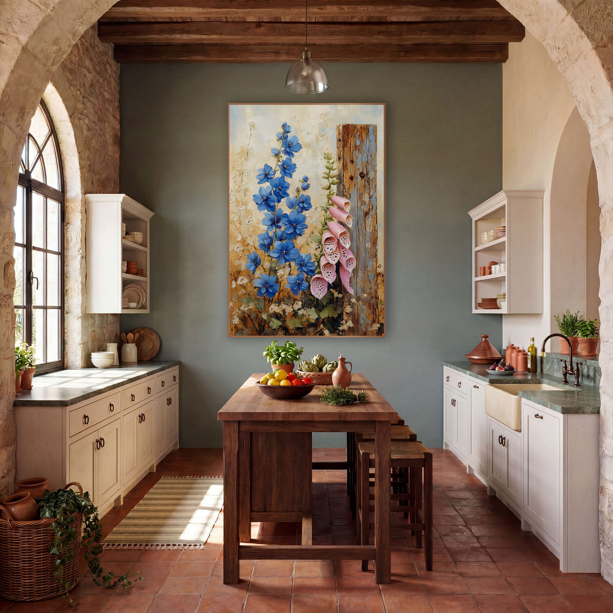 Delphinium Foxglove Fencepost Farmhouse wall art in a farmhouse-style room – blue delphiniums and pink foxgloves