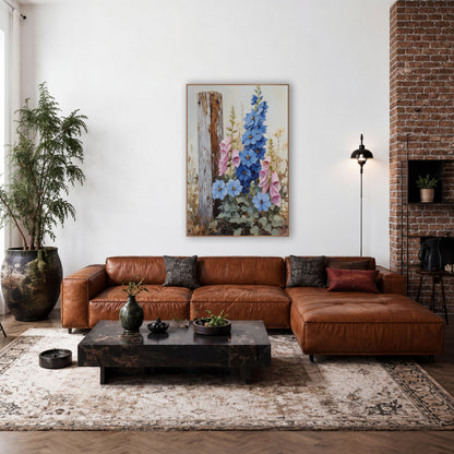 Pale Post Larkspur Foxglove Muted Painterly wall art in a farmhouse-style room – blue delphiniums and pink foxgloves