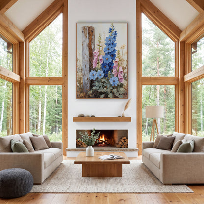 Pale Post Larkspur Foxglove Muted Painterly wall art in a farmhouse-style room – blue delphiniums and pink foxgloves