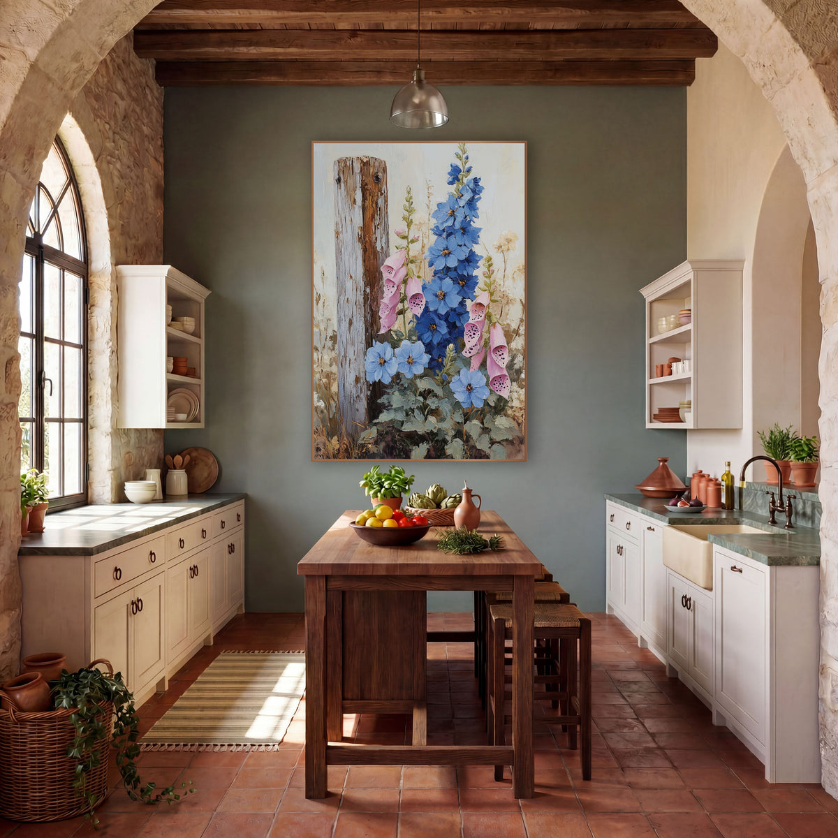 Pale Post Larkspur Foxglove Muted Painterly wall art in a farmhouse-style room – blue delphiniums and pink foxgloves