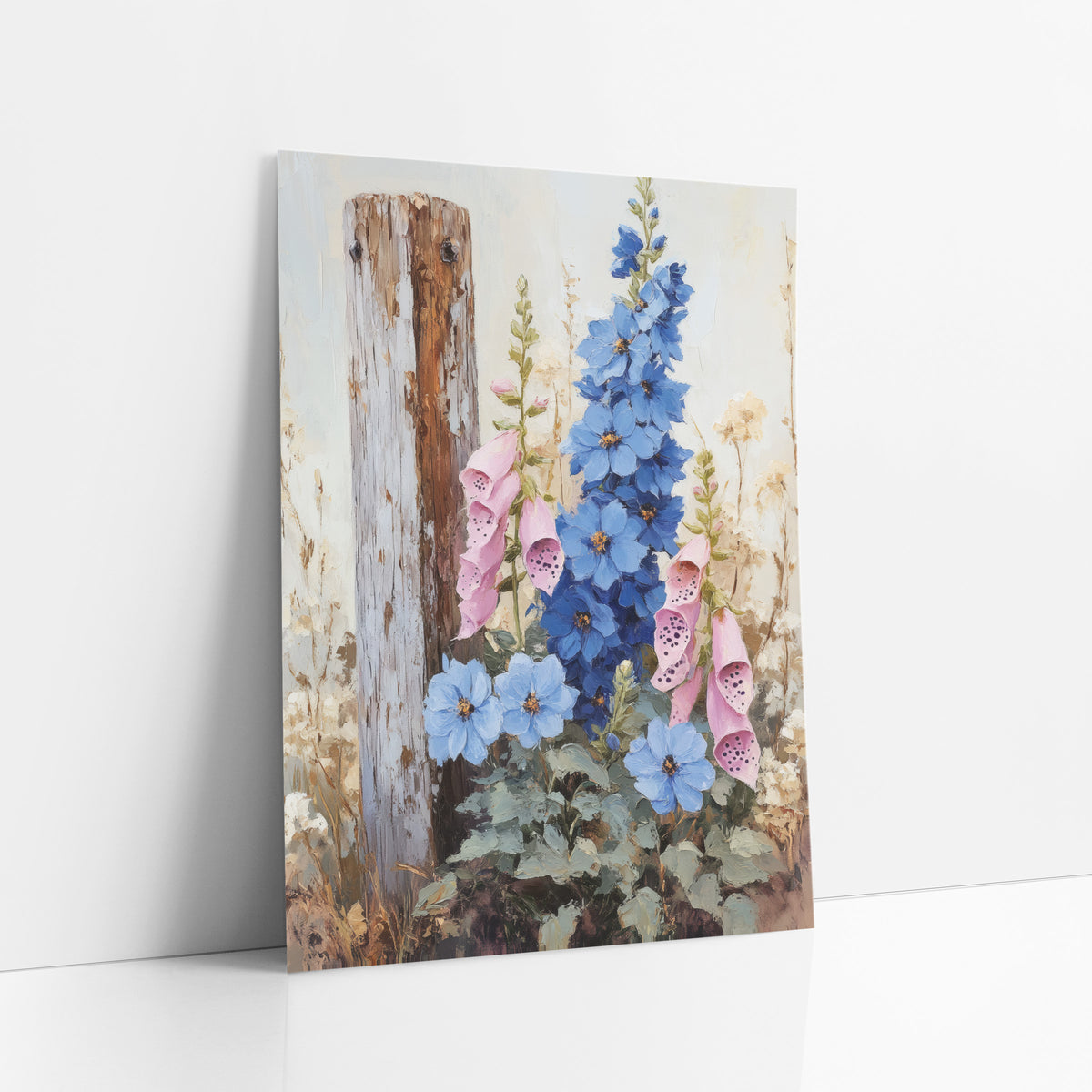 Pale Post Larkspur Foxglove Muted Painterly art print leaning against a white wall – blue delphiniums and pink foxgloves