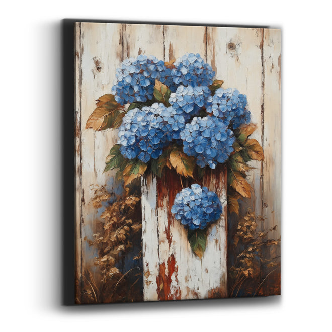 Blue Hydrangea Weathered Fence Farmhouse Canvas Wall Art
