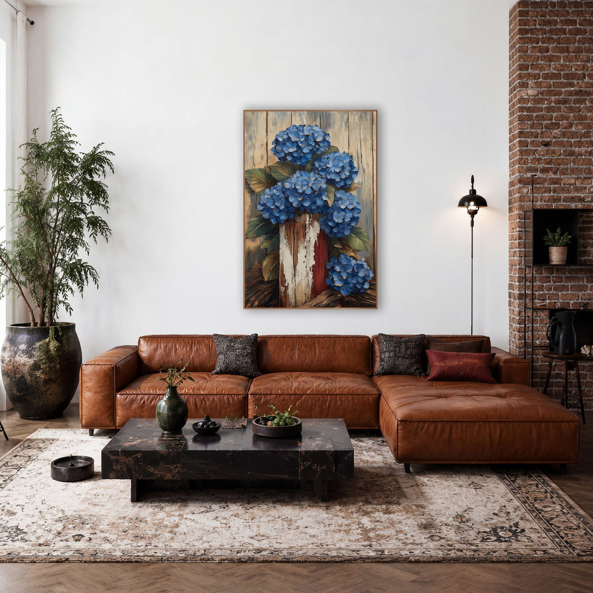 Blue Hydrangea Rustic Farmhouse Floral wall art in a farmhouse-style room – blue hydrangea clusters with green leaves