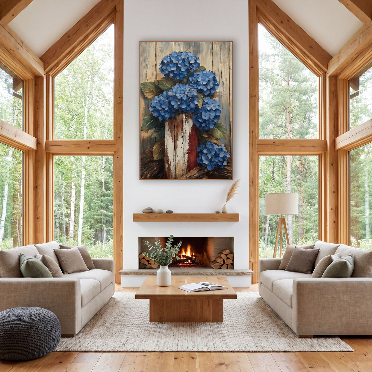 Blue Hydrangea Rustic Farmhouse Floral wall art in a farmhouse-style room – blue hydrangea clusters with green leaves