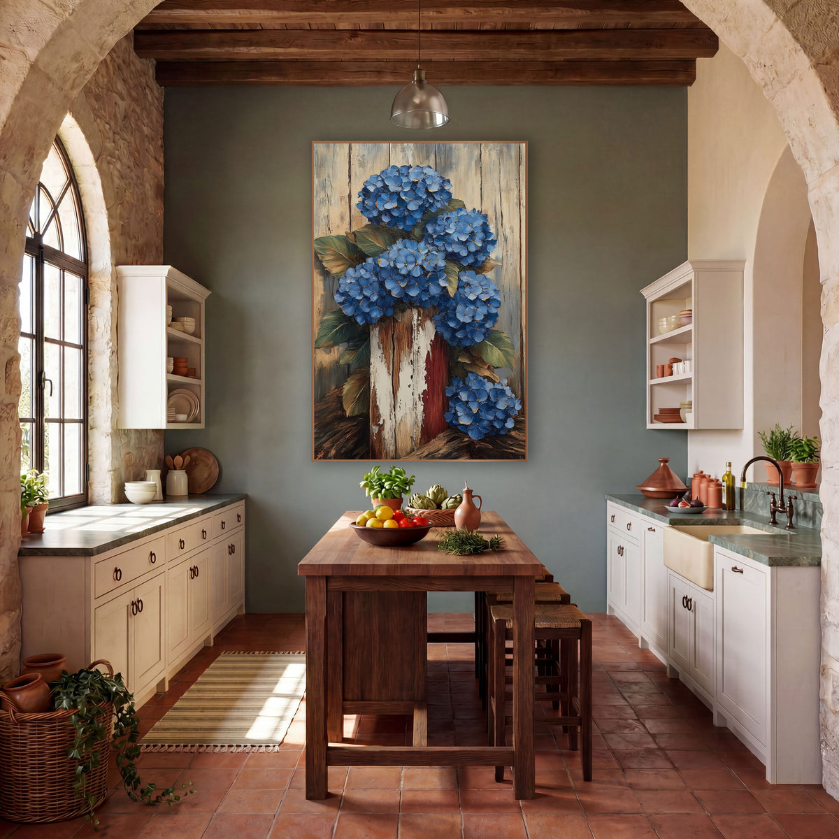Blue Hydrangea Rustic Farmhouse Floral wall art in a farmhouse-style room – blue hydrangea clusters with green leaves