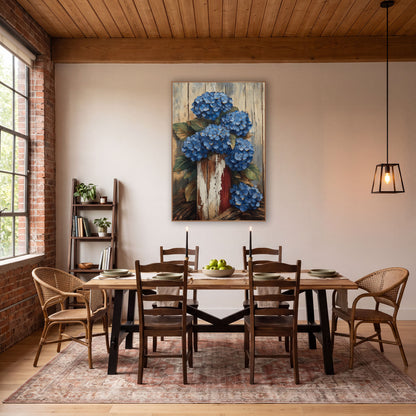 Blue Hydrangea Rustic Farmhouse Floral wall art in a farmhouse-style room – blue hydrangea clusters with green leaves