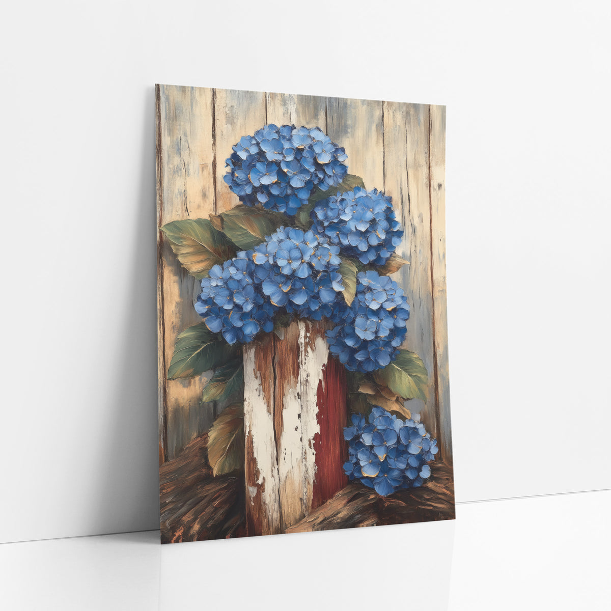 Blue Hydrangea Rustic Farmhouse Floral art print leaning against a white wall – blue hydrangea clusters with green leaves