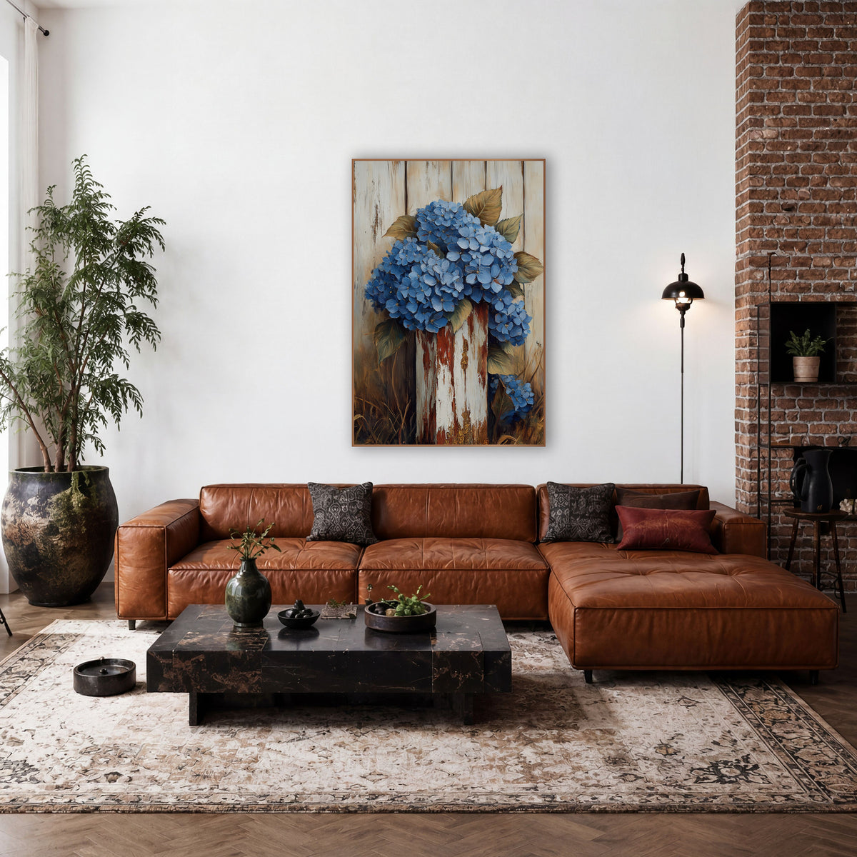 Hydrangea Crowned Rusted Post wall art in a farmhouse-style room – cluster of blue hydrangeas with olive leaves