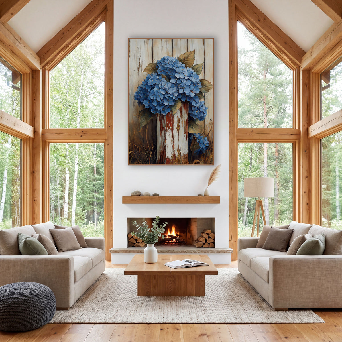 Hydrangea Crowned Rusted Post wall art in a farmhouse-style room – cluster of blue hydrangeas with olive leaves