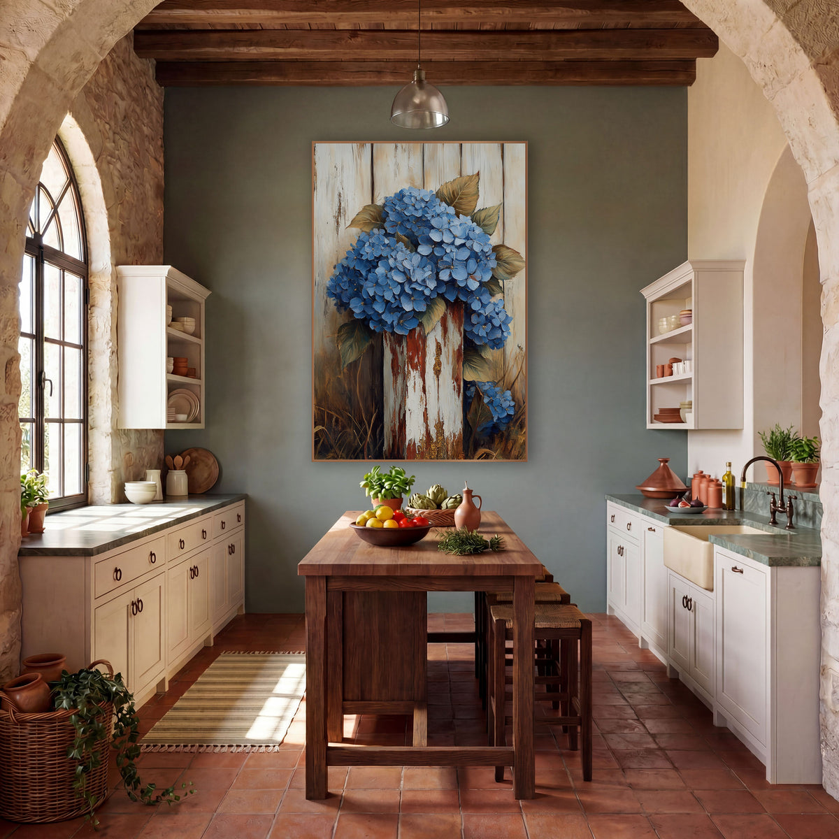 Hydrangea Crowned Rusted Post wall art in a farmhouse-style room – cluster of blue hydrangeas with olive leaves
