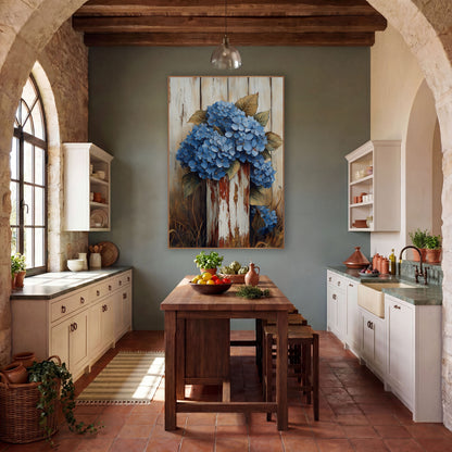 Hydrangea Crowned Rusted Post wall art in a farmhouse-style room – cluster of blue hydrangeas with olive leaves