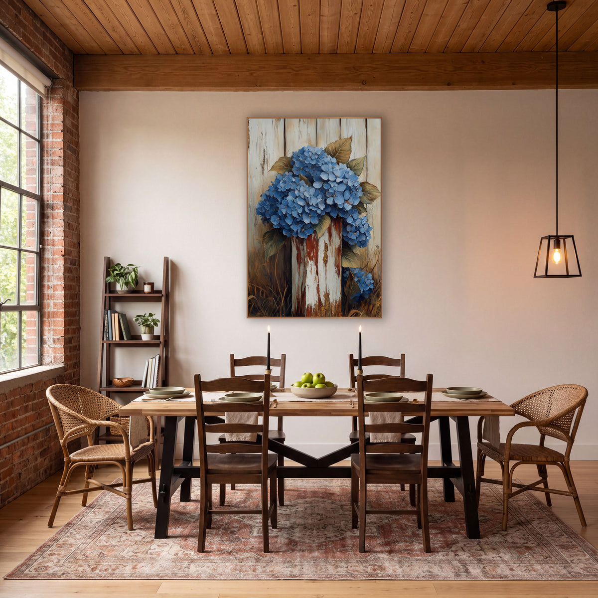 Hydrangea Crowned Rusted Post wall art in a farmhouse-style room – cluster of blue hydrangeas with olive leaves