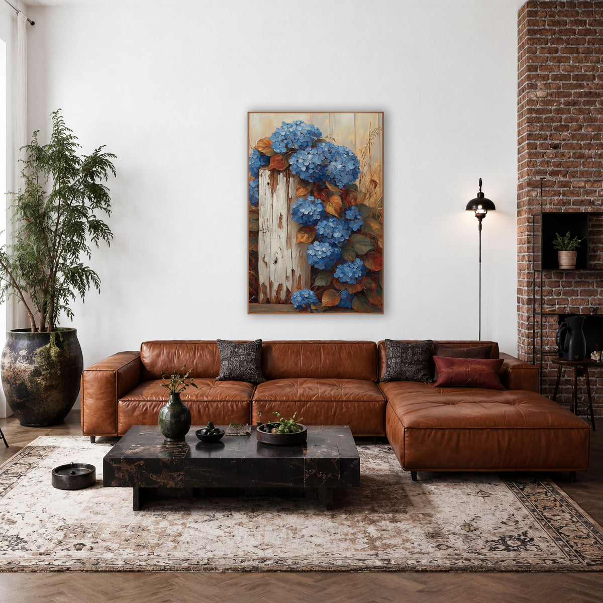 Cascading Hydrangeas Beside Pillar wall art in a farmhouse-style room – blue hydrangea clusters with copper leaves
