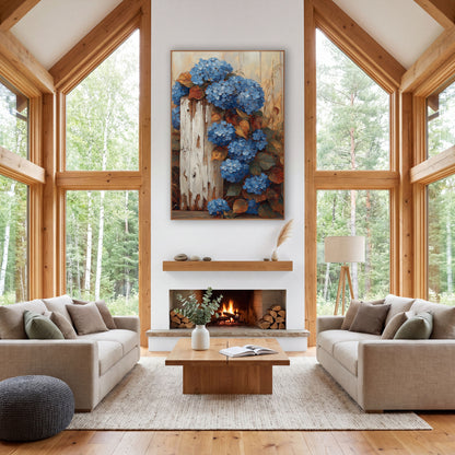 Cascading Hydrangeas Beside Pillar wall art in a farmhouse-style room – blue hydrangea clusters with copper leaves