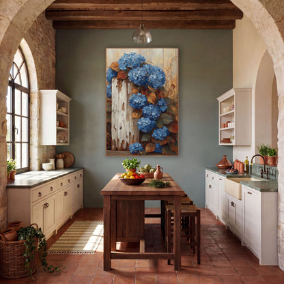 Cascading Hydrangeas Beside Pillar wall art in a farmhouse-style room – blue hydrangea clusters with copper leaves