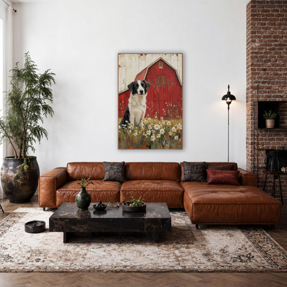 Whitewashed Barn Collie Daisy Rustic wall art in a farmhouse-style room – black and white border collie sitting