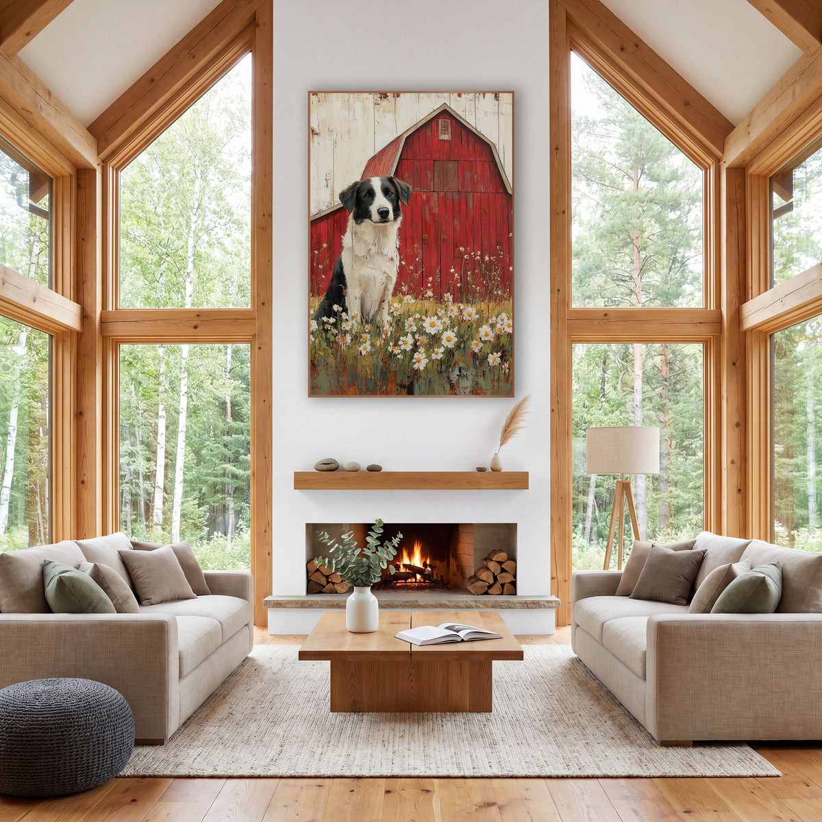 Whitewashed Barn Collie Daisy Rustic wall art in a farmhouse-style room – black and white border collie sitting