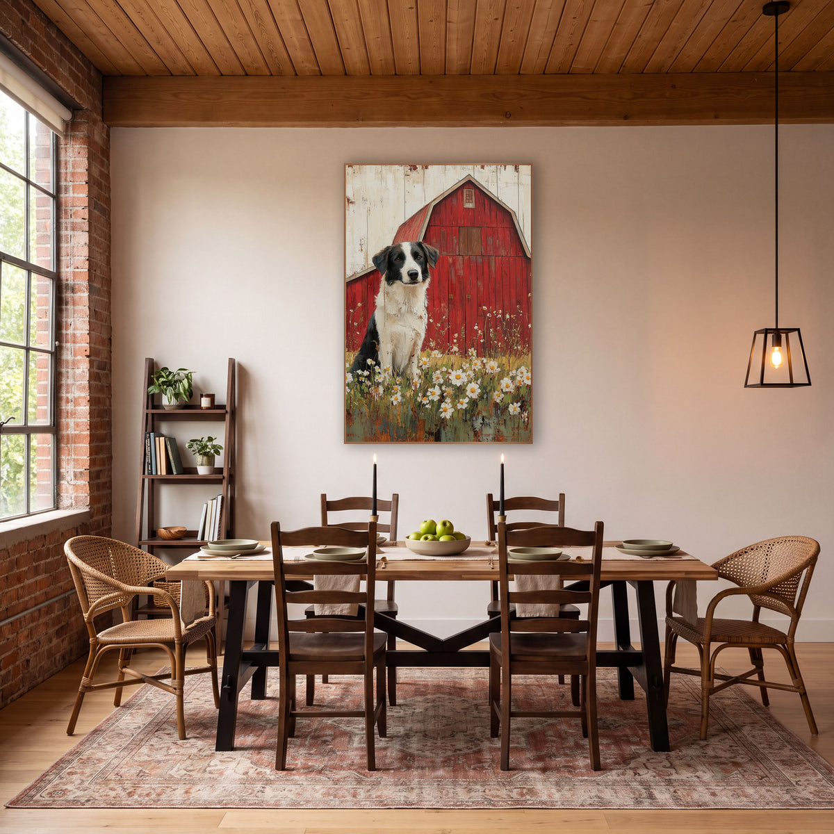 Whitewashed Barn Collie Daisy Rustic wall art in a farmhouse-style room – black and white border collie sitting