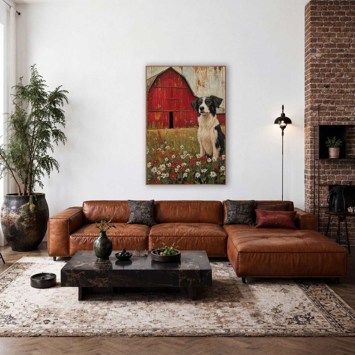 Poppy Pasture Collie Barn Rustic wall art in a farmhouse-style room – black and white border collie sitting among
