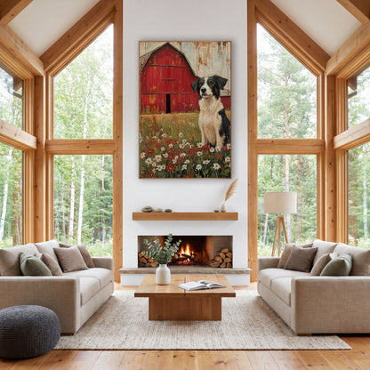 Poppy Pasture Collie Barn Rustic wall art in a farmhouse-style room – black and white border collie sitting among