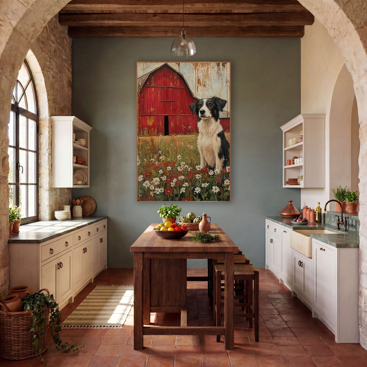 Poppy Pasture Collie Barn Rustic wall art in a farmhouse-style room – black and white border collie sitting among