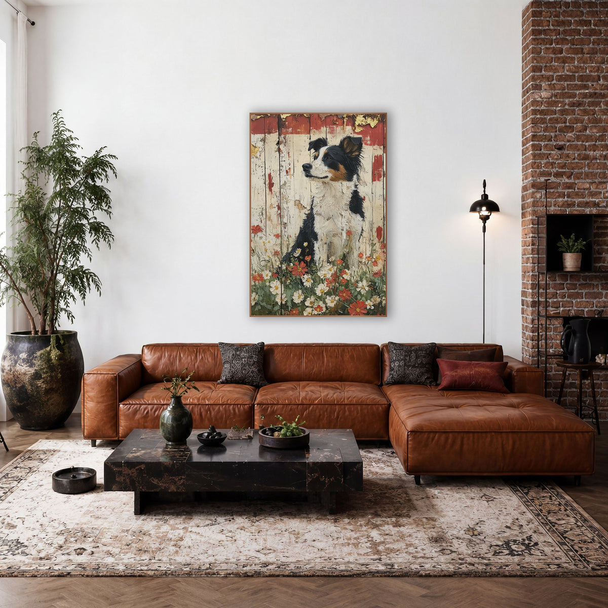 Upright Collie Red Poppy Rustic wall art in a farmhouse-style room – black, white and tan border collie sitting among