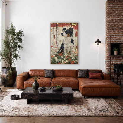 Upright Collie Red Poppy Rustic wall art in a farmhouse-style room – black, white and tan border collie sitting among