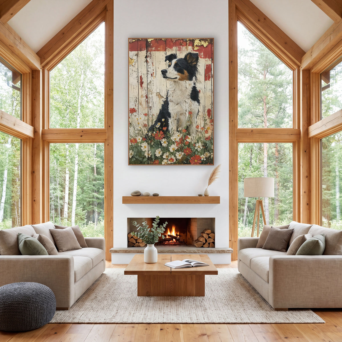 Upright Collie Red Poppy Rustic wall art in a farmhouse-style room – black, white and tan border collie sitting among