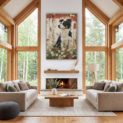 Upright Collie Red Poppy Rustic wall art in a farmhouse-style room – black, white and tan border collie sitting among