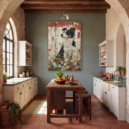 Upright Collie Red Poppy Rustic wall art in a farmhouse-style room – black, white and tan border collie sitting among