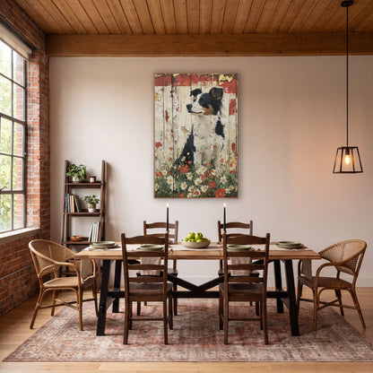 Upright Collie Red Poppy Rustic wall art in a farmhouse-style room – black, white and tan border collie sitting among